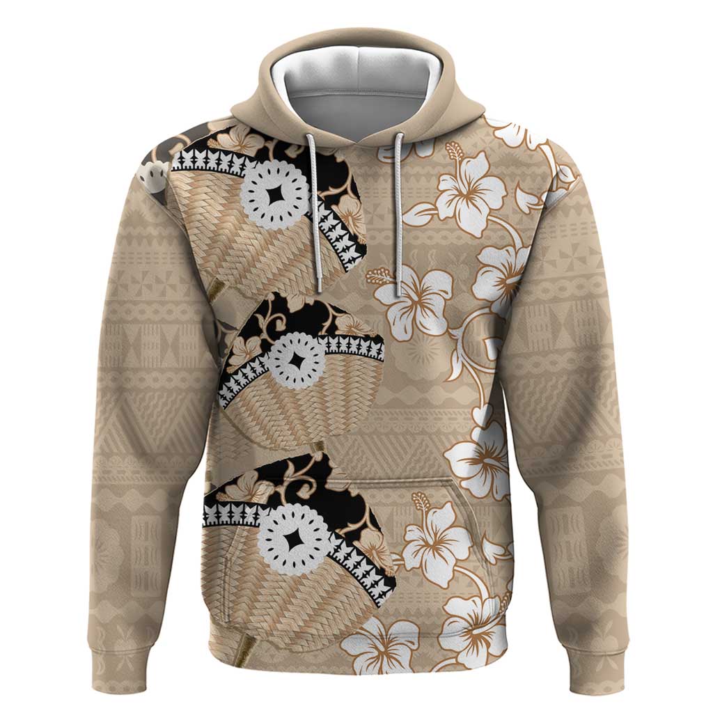 Bula Fiji Iri Buli Hoodie Woven Fan With Fijian Tapa LT14 Pullover Hoodie Beige - Polynesian Pride