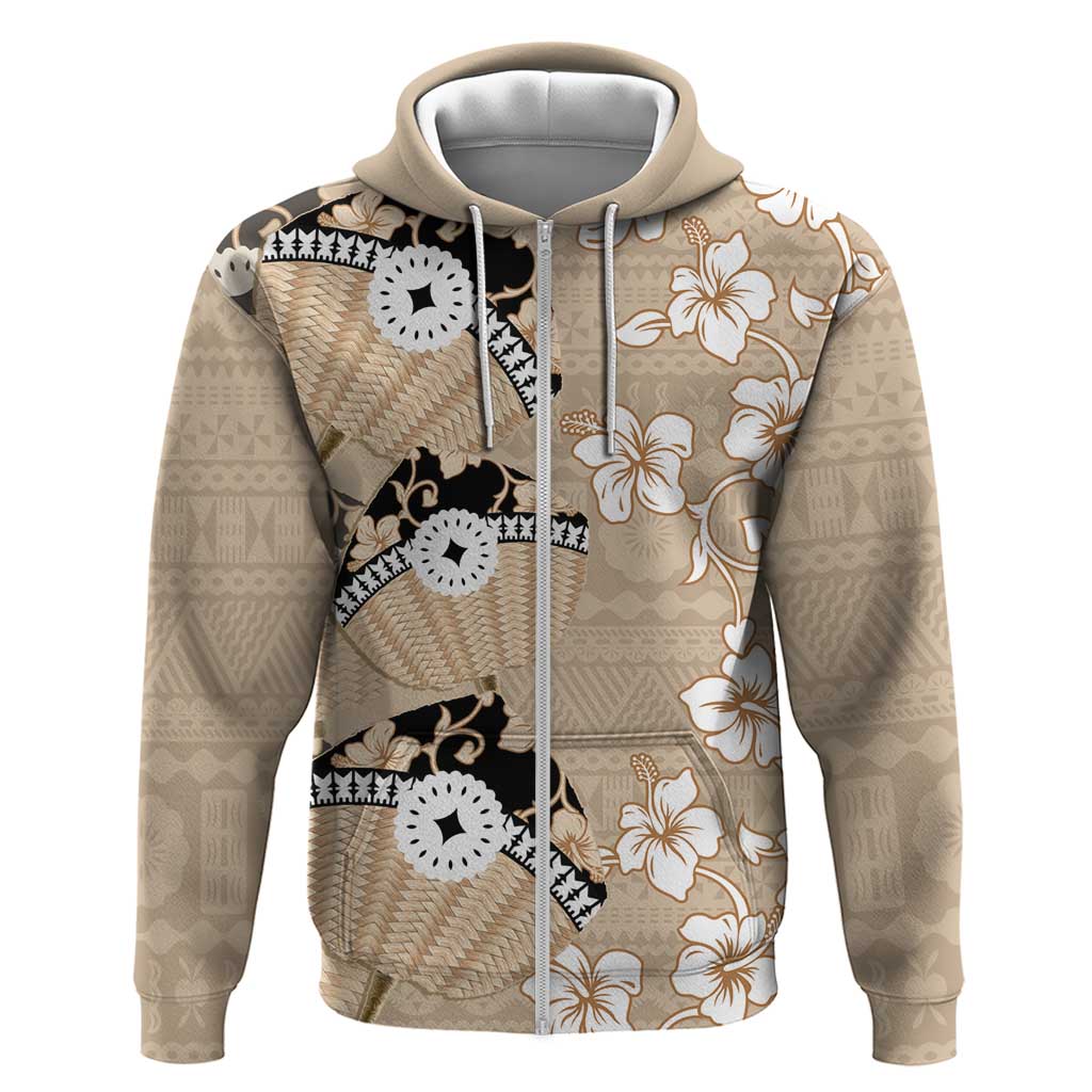 Bula Fiji Iri Buli Hoodie Woven Fan With Fijian Tapa LT14 Zip Hoodie Beige - Polynesian Pride