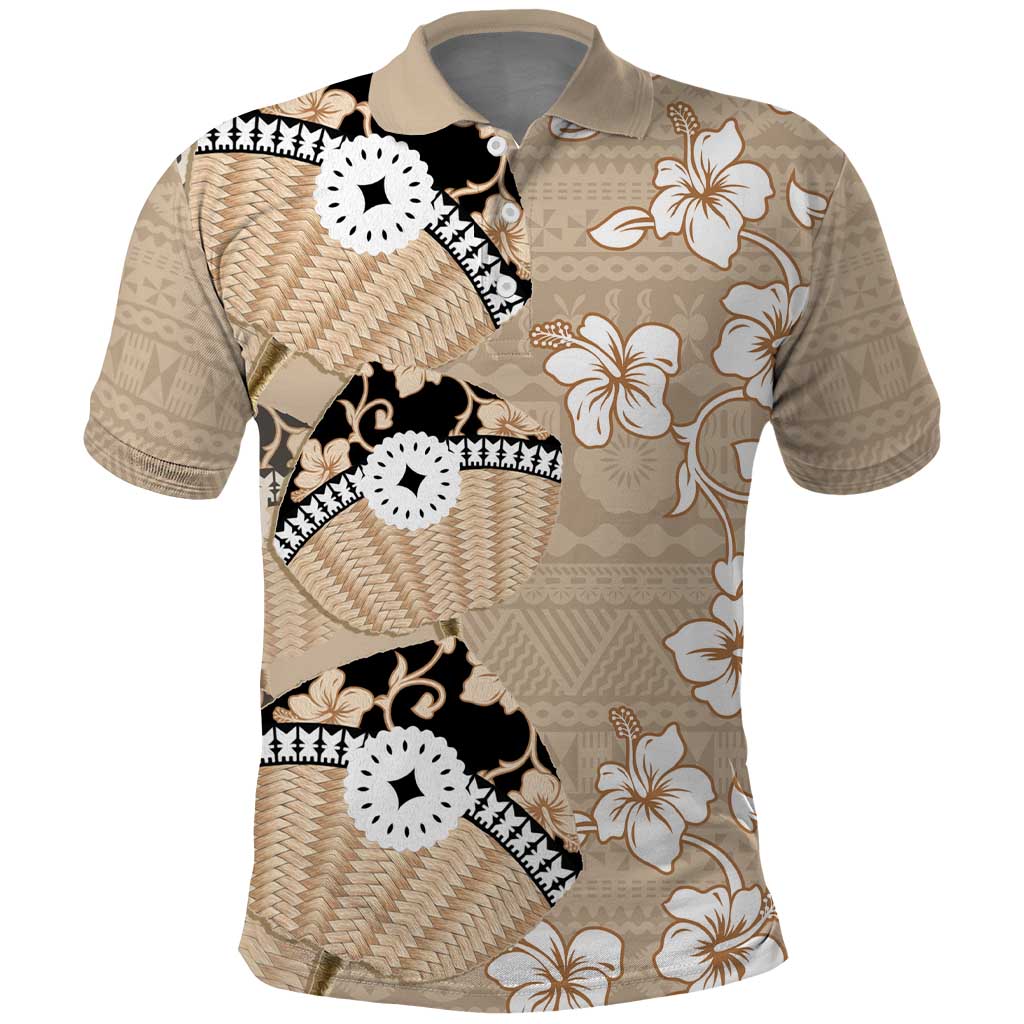 Bula Fiji Iri Buli Polo Shirt Woven Fan With Fijian Tapa LT14 Beige - Polynesian Pride