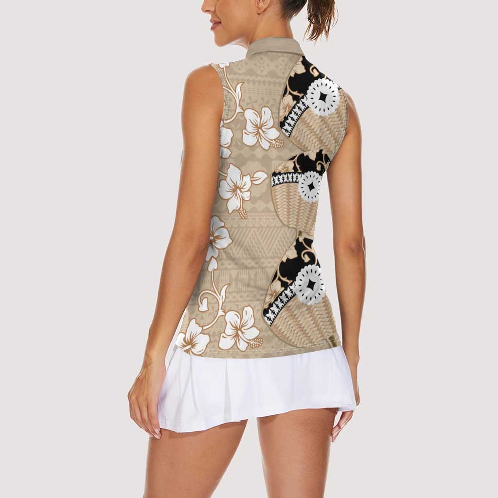 Bula Fiji Iri Buli Women Sleeveless Polo Shirt Woven Fan With Fijian Tapa