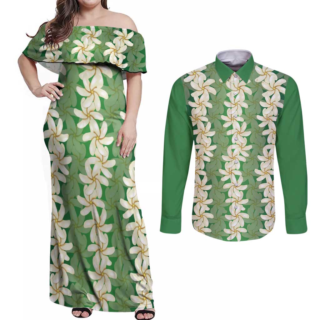 Ia Orana Tahiti Tiare Maori Seamless Style Couples Matching Off Shoulder Maxi Dress and Long Sleeve Button Shirt LT14 Green - Polynesian Pride