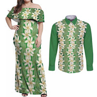 Ia Orana Tahiti Tiare Maori Seamless Style Couples Matching Off Shoulder Maxi Dress and Long Sleeve Button Shirt LT14 Green - Polynesian Pride