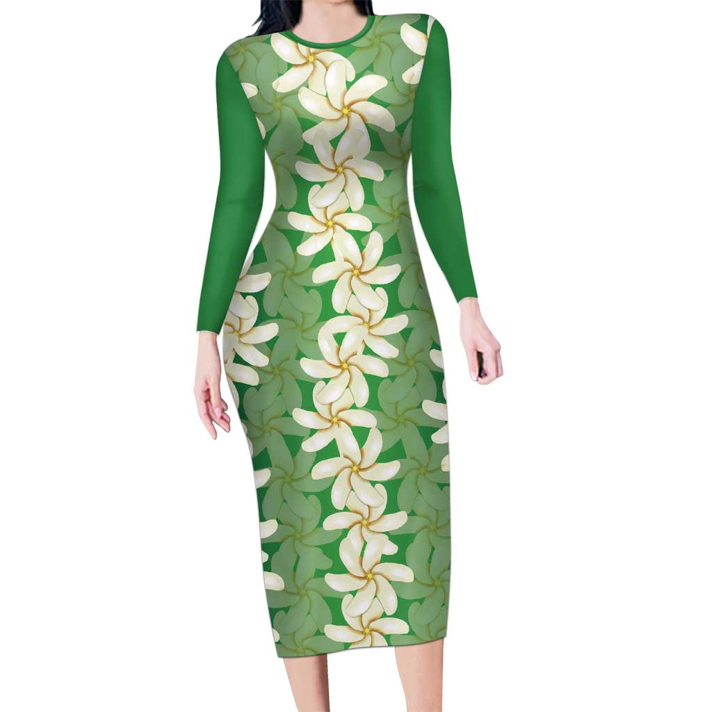 Ia Orana Tahiti Tiare Maori Seamless Style Family Matching Long Sleeve Bodycon Dress and Hawaiian Shirt LT14 Mom's Dress Green - Polynesian Pride