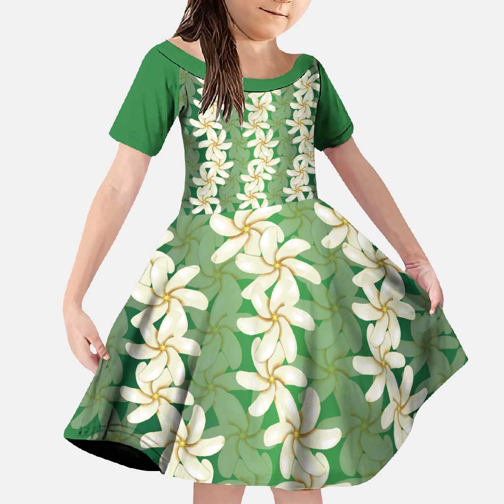 Ia Orana Tahiti Tiare Maori Seamless Style Family Matching Off Shoulder Maxi Dress and Hawaiian Shirt LT14 Daughter's Dress Green - Polynesian Pride