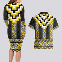 Yellow Taniko Aotearoa Couples Matching Long Sleeve Bodycon Dress and Hawaiian Shirt Niho Taniwha Mix Poutama LT14 - Polynesian Pride