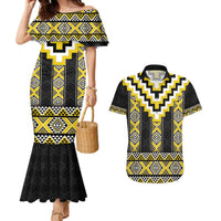 Yellow Taniko Aotearoa Couples Matching Mermaid Dress and Hawaiian Shirt Niho Taniwha Mix Poutama LT14 Yellow - Polynesian Pride