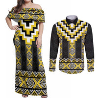 Yellow Taniko Aotearoa Couples Matching Off Shoulder Maxi Dress and Long Sleeve Button Shirt Niho Taniwha Mix Poutama LT14 Yellow - Polynesian Pride