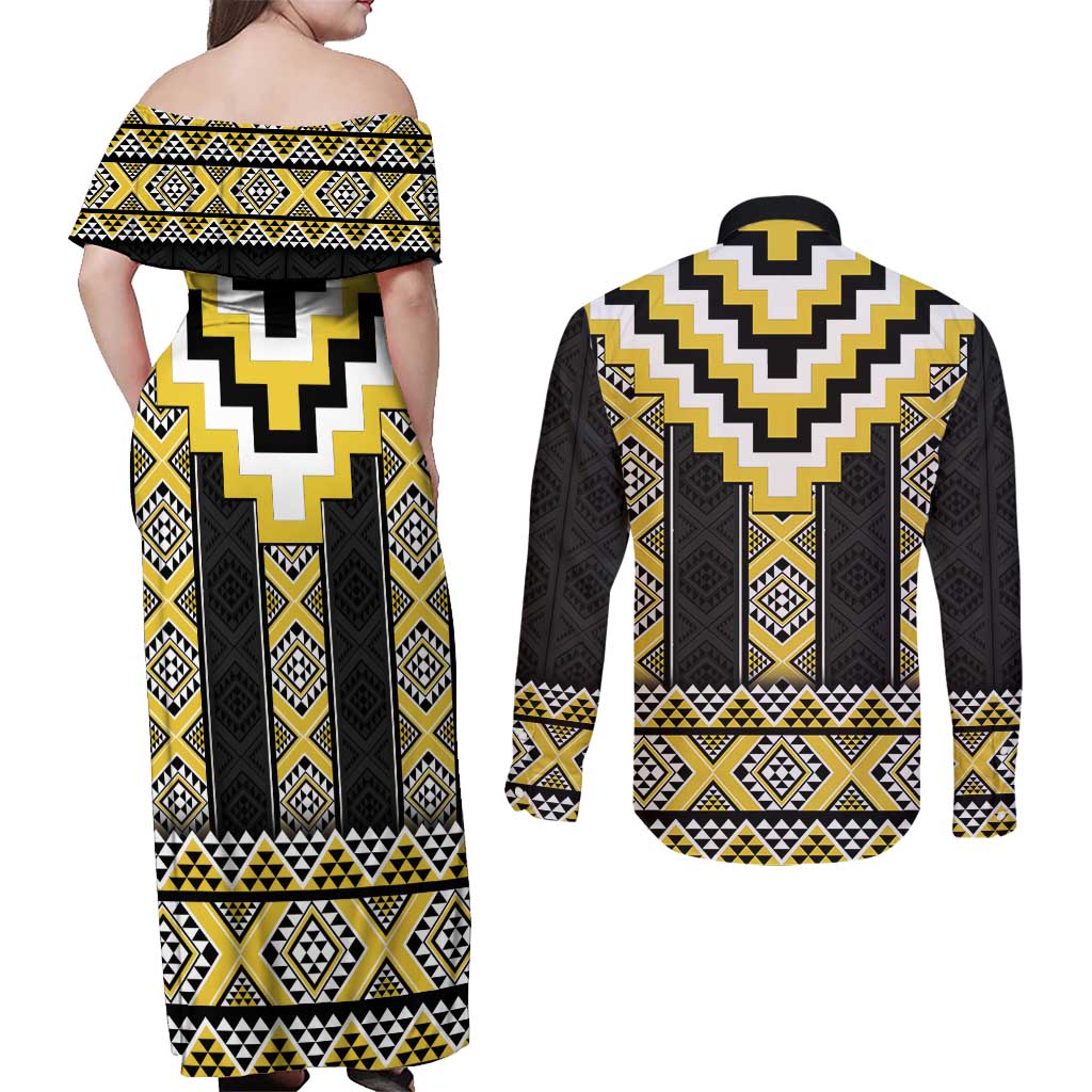 Yellow Taniko Aotearoa Couples Matching Off Shoulder Maxi Dress and Long Sleeve Button Shirt Niho Taniwha Mix Poutama LT14 - Polynesian Pride