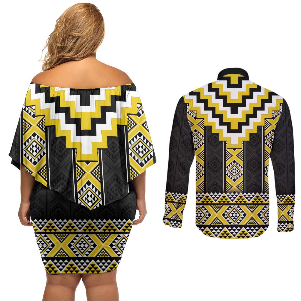 Yellow Taniko Aotearoa Couples Matching Off Shoulder Short Dress and Long Sleeve Button Shirt Niho Taniwha Mix Poutama LT14 - Polynesian Pride