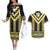 Yellow Taniko Aotearoa Couples Matching Off The Shoulder Long Sleeve Dress and Hawaiian Shirt Niho Taniwha Mix Poutama