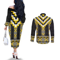 Yellow Taniko Aotearoa Couples Matching Off The Shoulder Long Sleeve Dress and Long Sleeve Button Shirt Niho Taniwha Mix Poutama LT14 - Polynesian Pride