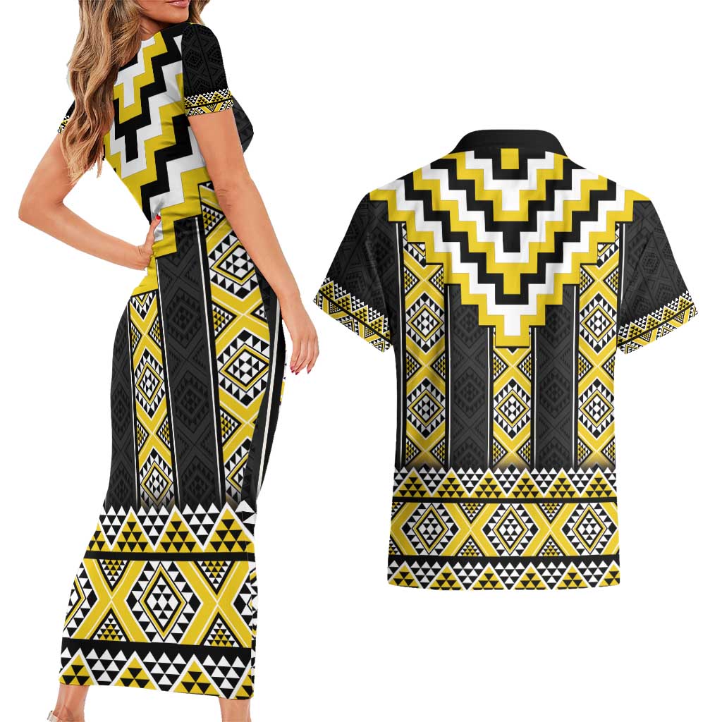 Yellow Taniko Aotearoa Couples Matching Short Sleeve Bodycon Dress and Hawaiian Shirt Niho Taniwha Mix Poutama LT14 - Polynesian Pride