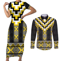 Yellow Taniko Aotearoa Couples Matching Short Sleeve Bodycon Dress and Long Sleeve Button Shirt Niho Taniwha Mix Poutama LT14 Yellow - Polynesian Pride