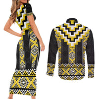 Yellow Taniko Aotearoa Couples Matching Short Sleeve Bodycon Dress and Long Sleeve Button Shirt Niho Taniwha Mix Poutama LT14 - Polynesian Pride
