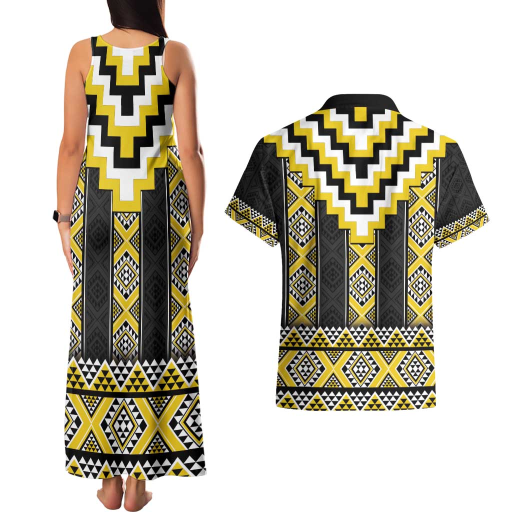 Yellow Taniko Aotearoa Couples Matching Tank Maxi Dress and Hawaiian Shirt Niho Taniwha Mix Poutama LT14 - Polynesian Pride