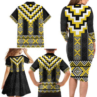 Yellow Taniko Aotearoa Family Matching Long Sleeve Bodycon Dress and Hawaiian Shirt Niho Taniwha Mix Poutama LT14 - Polynesian Pride