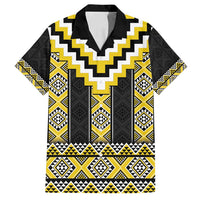 Yellow Taniko Aotearoa Family Matching Long Sleeve Bodycon Dress and Hawaiian Shirt Niho Taniwha Mix Poutama LT14 Dad's Shirt - Short Sleeve Yellow - Polynesian Pride