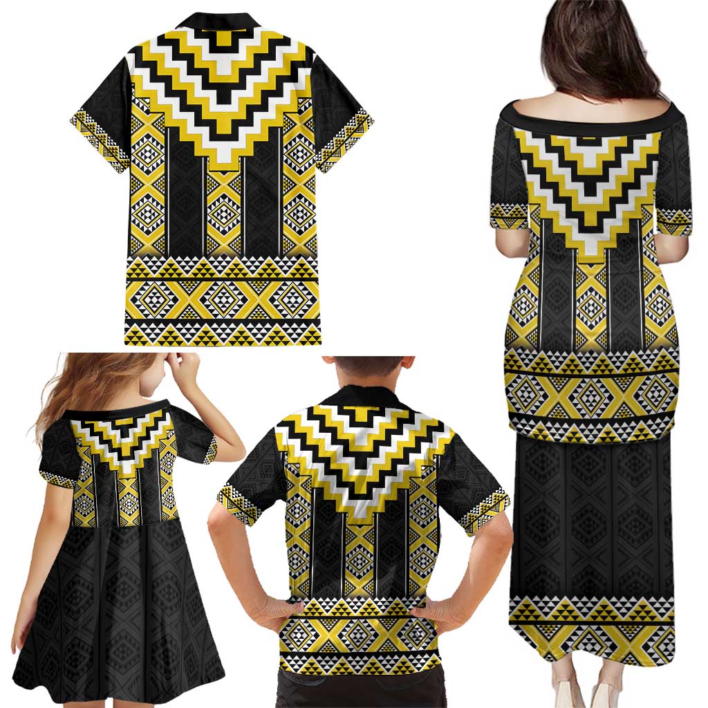 Yellow Taniko Aotearoa Family Matching Puletasi and Hawaiian Shirt Niho Taniwha Mix Poutama LT14 - Polynesian Pride