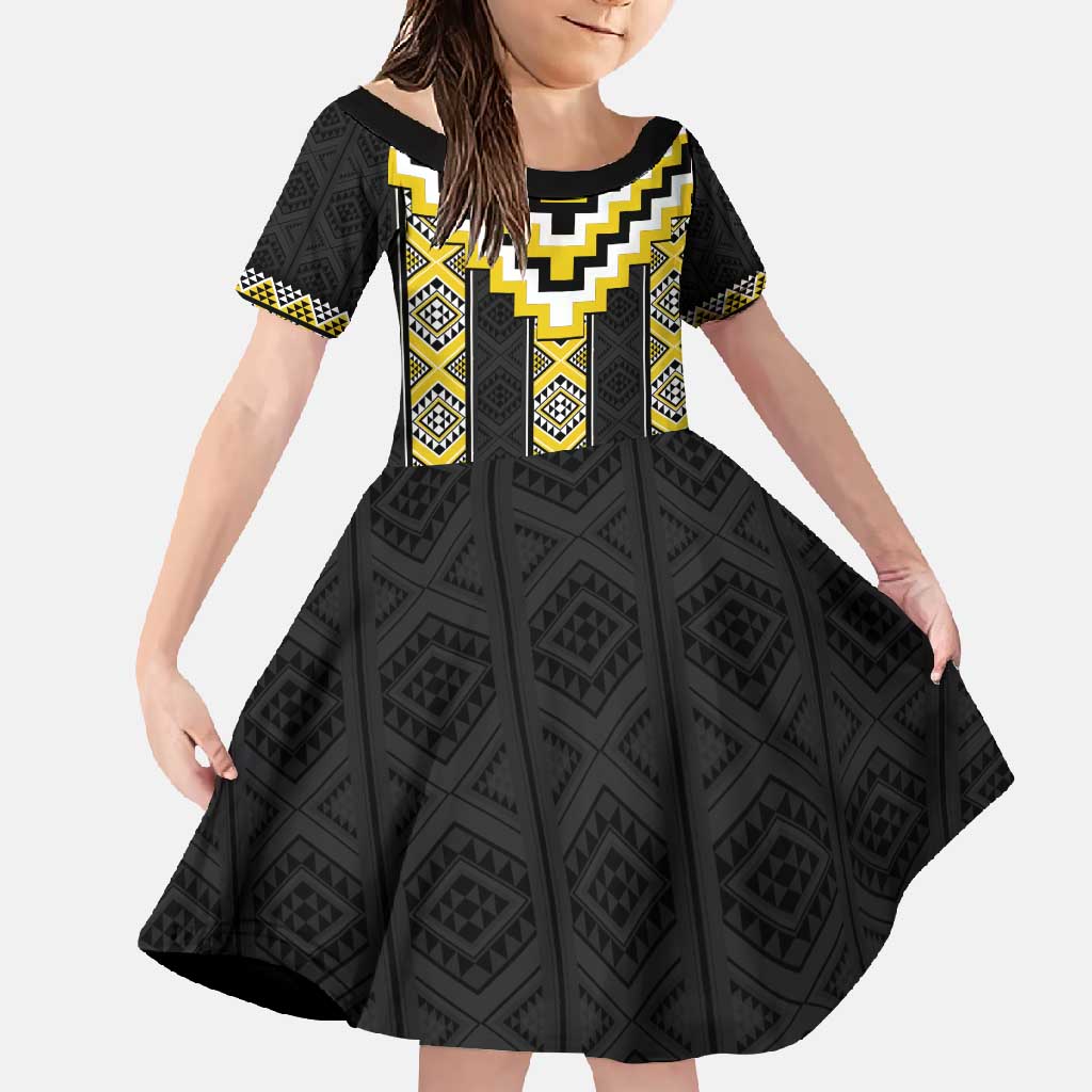 Yellow Taniko Aotearoa Family Matching Short Sleeve Bodycon Dress and Hawaiian Shirt Niho Taniwha Mix Poutama LT14 Daughter's Dress Yellow - Polynesian Pride