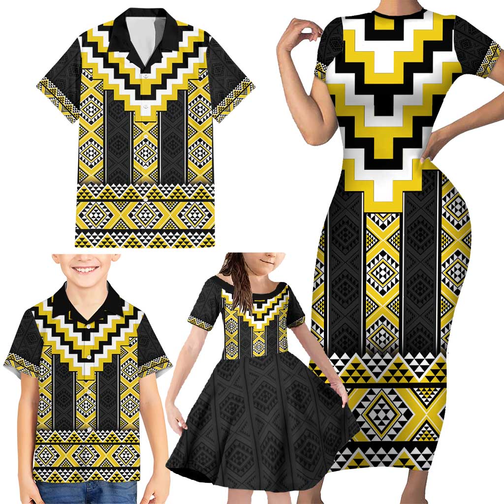 Yellow Taniko Aotearoa Family Matching Short Sleeve Bodycon Dress and Hawaiian Shirt Niho Taniwha Mix Poutama LT14 - Polynesian Pride