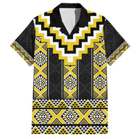 Yellow Taniko Aotearoa Family Matching Short Sleeve Bodycon Dress and Hawaiian Shirt Niho Taniwha Mix Poutama LT14 Dad's Shirt - Short Sleeve Yellow - Polynesian Pride
