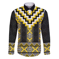 Yellow Taniko Aotearoa Family Matching Short Sleeve Bodycon Dress and Hawaiian Shirt Niho Taniwha Mix Poutama LT14 Dad's Shirt - Long Sleeve Yellow - Polynesian Pride