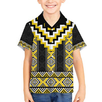 Yellow Taniko Aotearoa Family Matching Short Sleeve Bodycon Dress and Hawaiian Shirt Niho Taniwha Mix Poutama LT14 Son's Shirt Yellow - Polynesian Pride