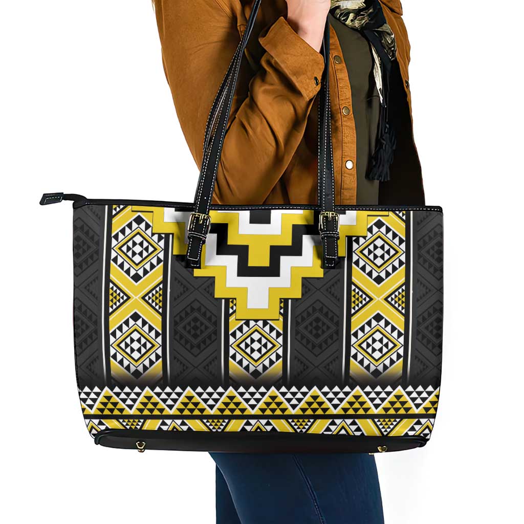 Yellow Taniko Aotearoa Leather Tote Bag Niho Taniwha Mix Poutama LT14 - Polynesian Pride