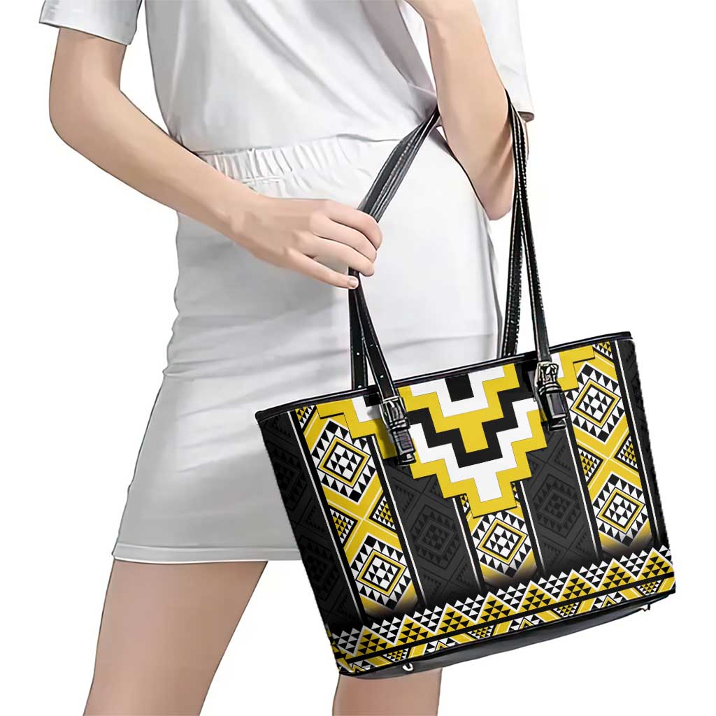 Yellow Taniko Aotearoa Leather Tote Bag Niho Taniwha Mix Poutama LT14 - Polynesian Pride