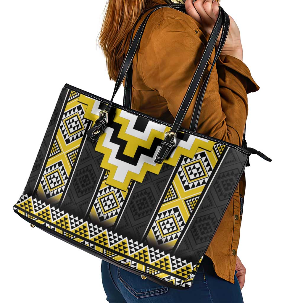 Yellow Taniko Aotearoa Leather Tote Bag Niho Taniwha Mix Poutama LT14 - Polynesian Pride