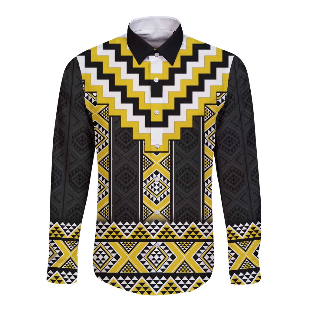Yellow Taniko Aotearoa Long Sleeve Button Shirt Niho Taniwha Mix Poutama LT14 Unisex Yellow - Polynesian Pride