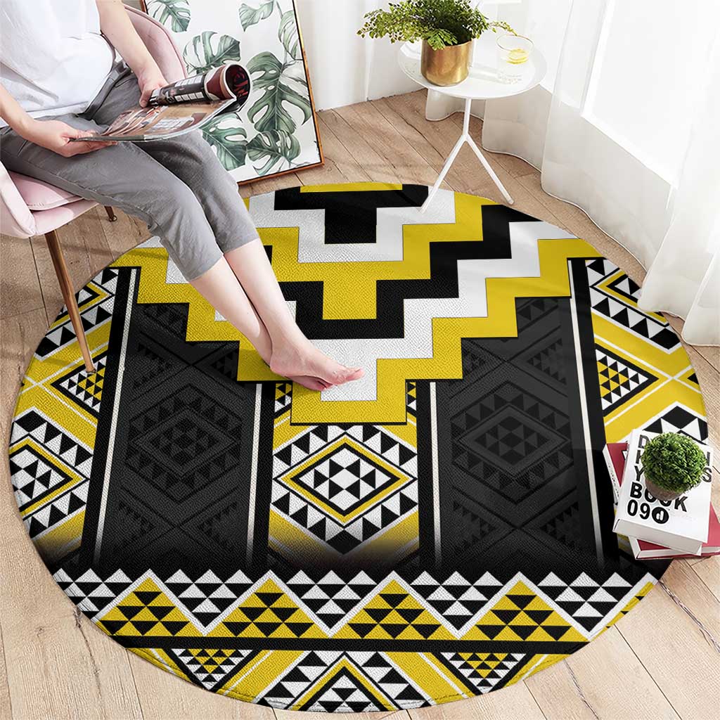 Yellow Taniko Aotearoa Round Carpet Niho Taniwha Mix Poutama LT14 - Polynesian Pride