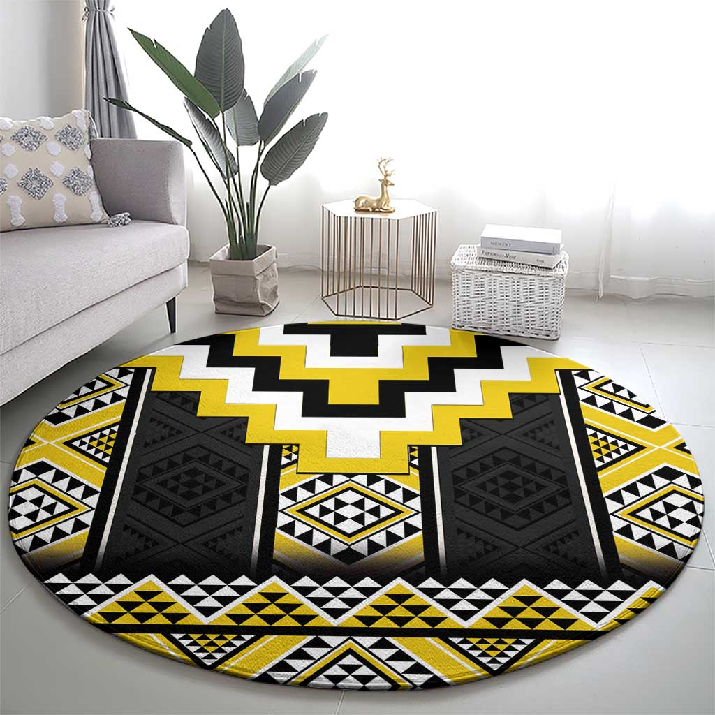 Yellow Taniko Aotearoa Round Carpet Niho Taniwha Mix Poutama LT14 - Polynesian Pride