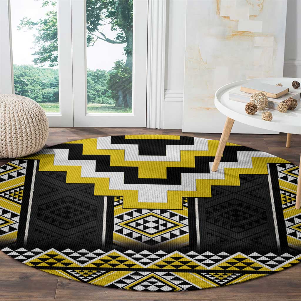 Yellow Taniko Aotearoa Round Carpet Niho Taniwha Mix Poutama LT14 - Polynesian Pride