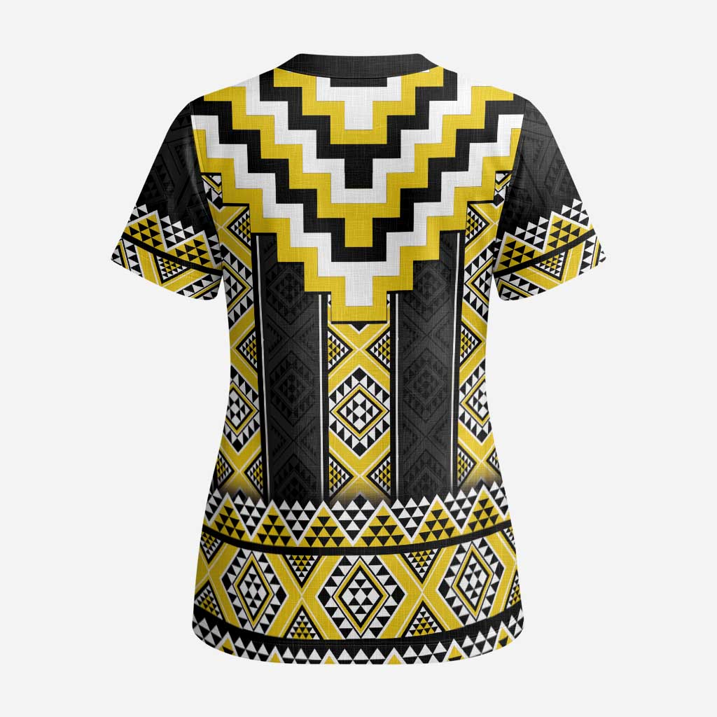 Yellow Taniko Aotearoa Scrub Top Niho Taniwha Mix Poutama - Polynesian Pride