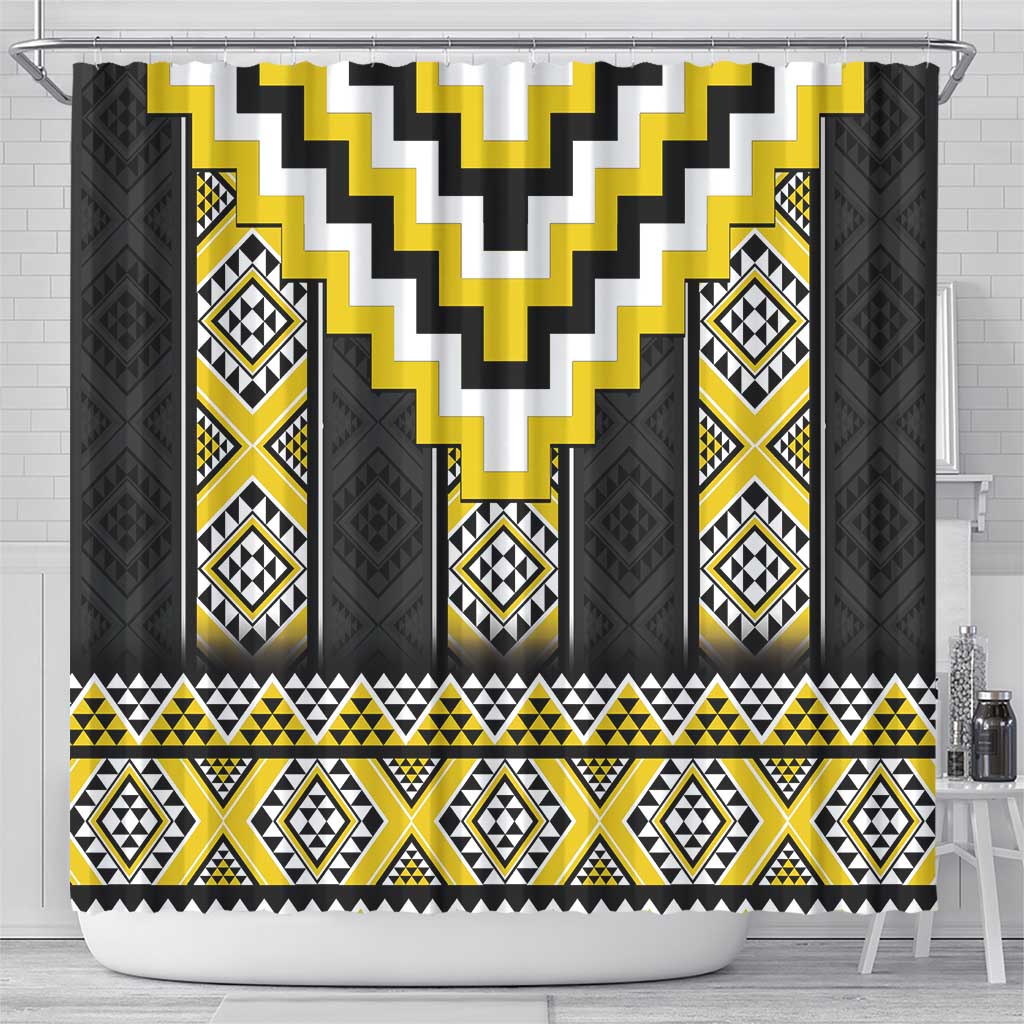Yellow Taniko Aotearoa Shower Curtain Niho Taniwha Mix Poutama LT14 - Polynesian Pride