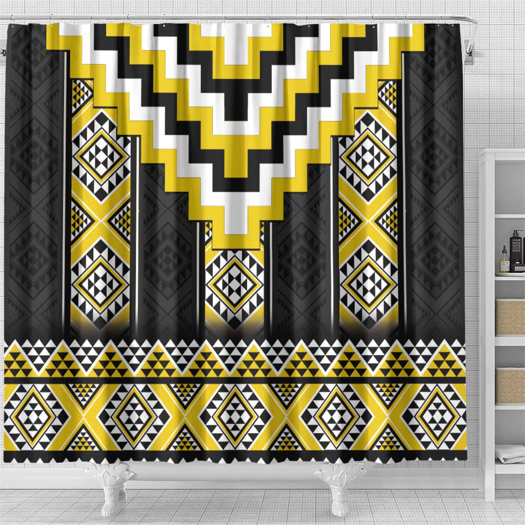 Yellow Taniko Aotearoa Shower Curtain Niho Taniwha Mix Poutama LT14 - Polynesian Pride