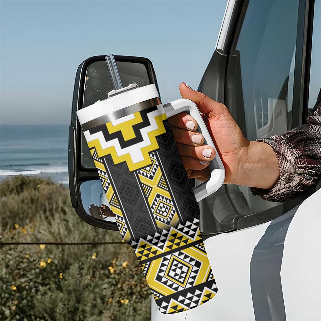 Yellow Taniko Aotearoa Tumbler With Handle Niho Taniwha Mix Poutama LT14 - Polynesian Pride