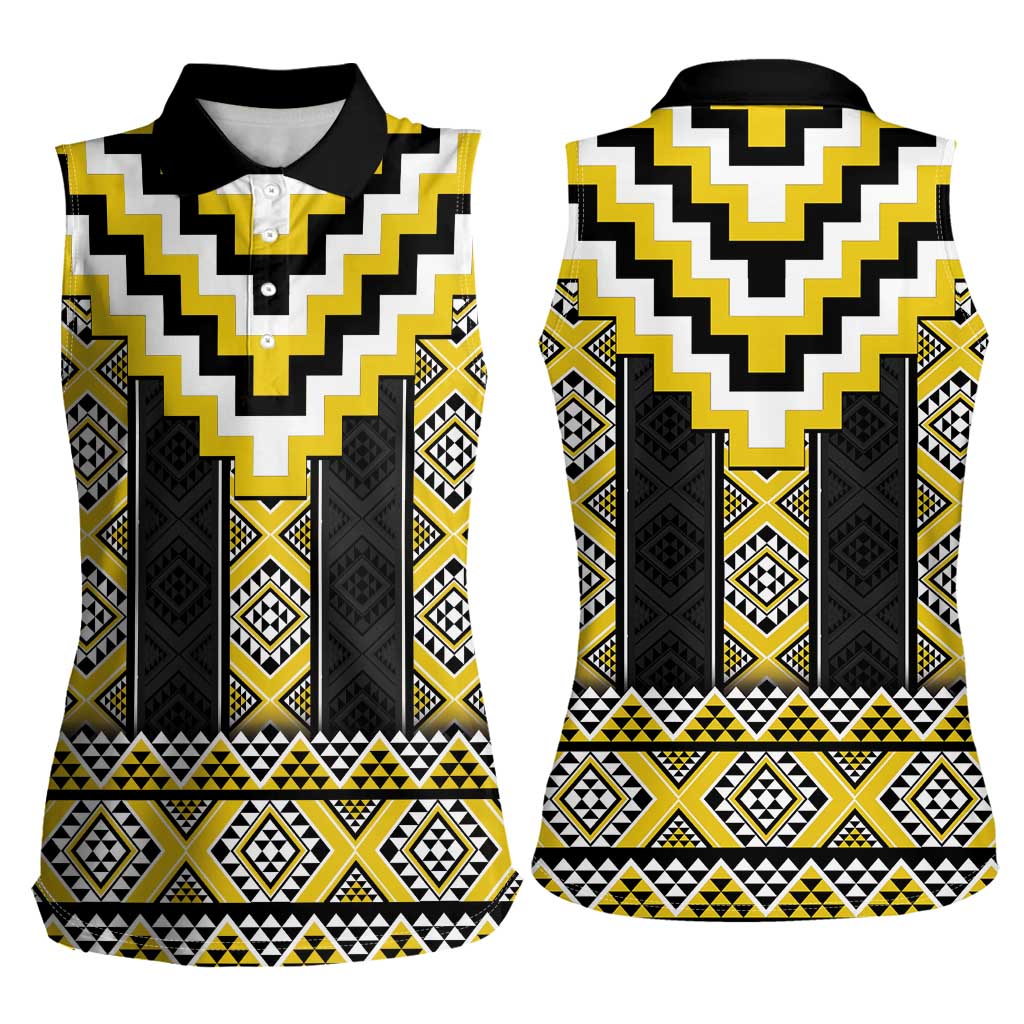 Yellow Taniko Aotearoa Women Sleeveless Polo Shirt Niho Taniwha Mix Poutama LT14 - Polynesian Pride