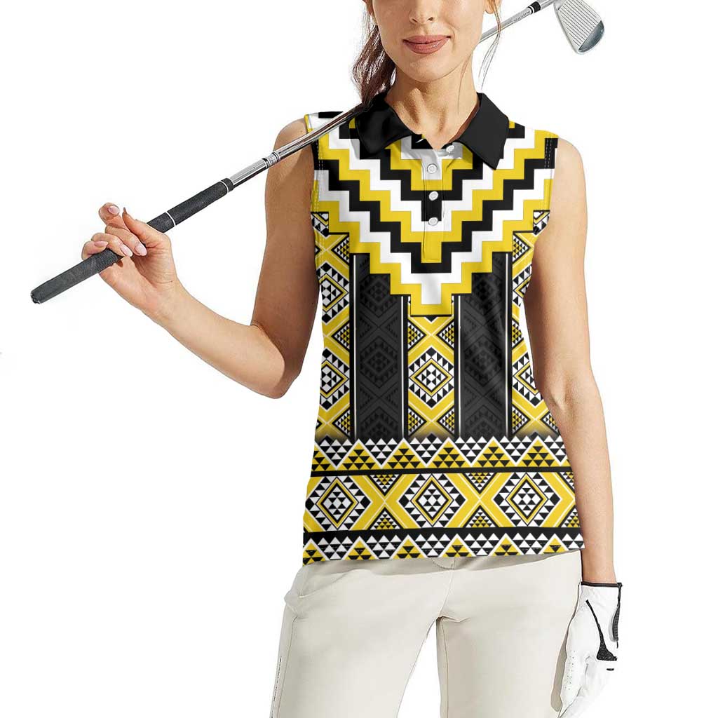 Yellow Taniko Aotearoa Women Sleeveless Polo Shirt Niho Taniwha Mix Poutama LT14 - Polynesian Pride