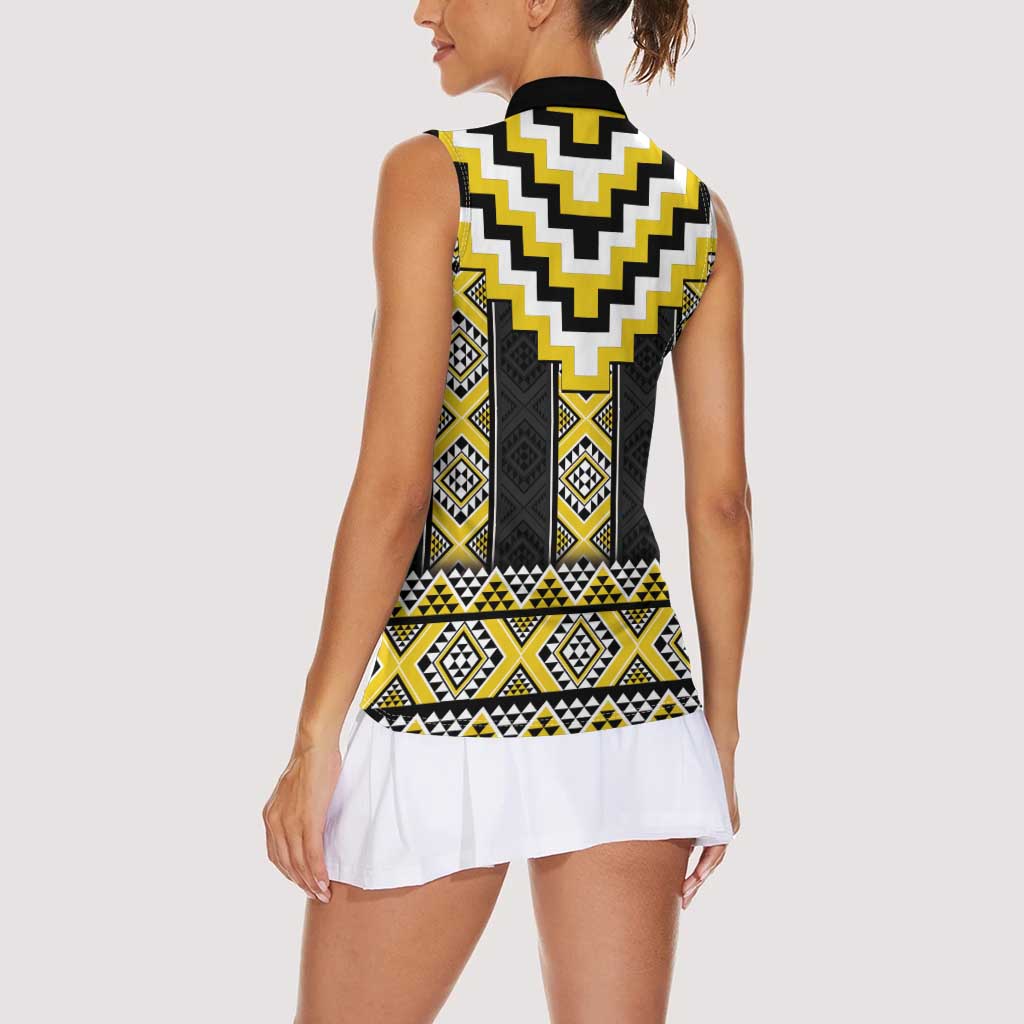 Yellow Taniko Aotearoa Women Sleeveless Polo Shirt Niho Taniwha Mix Poutama LT14 - Polynesian Pride