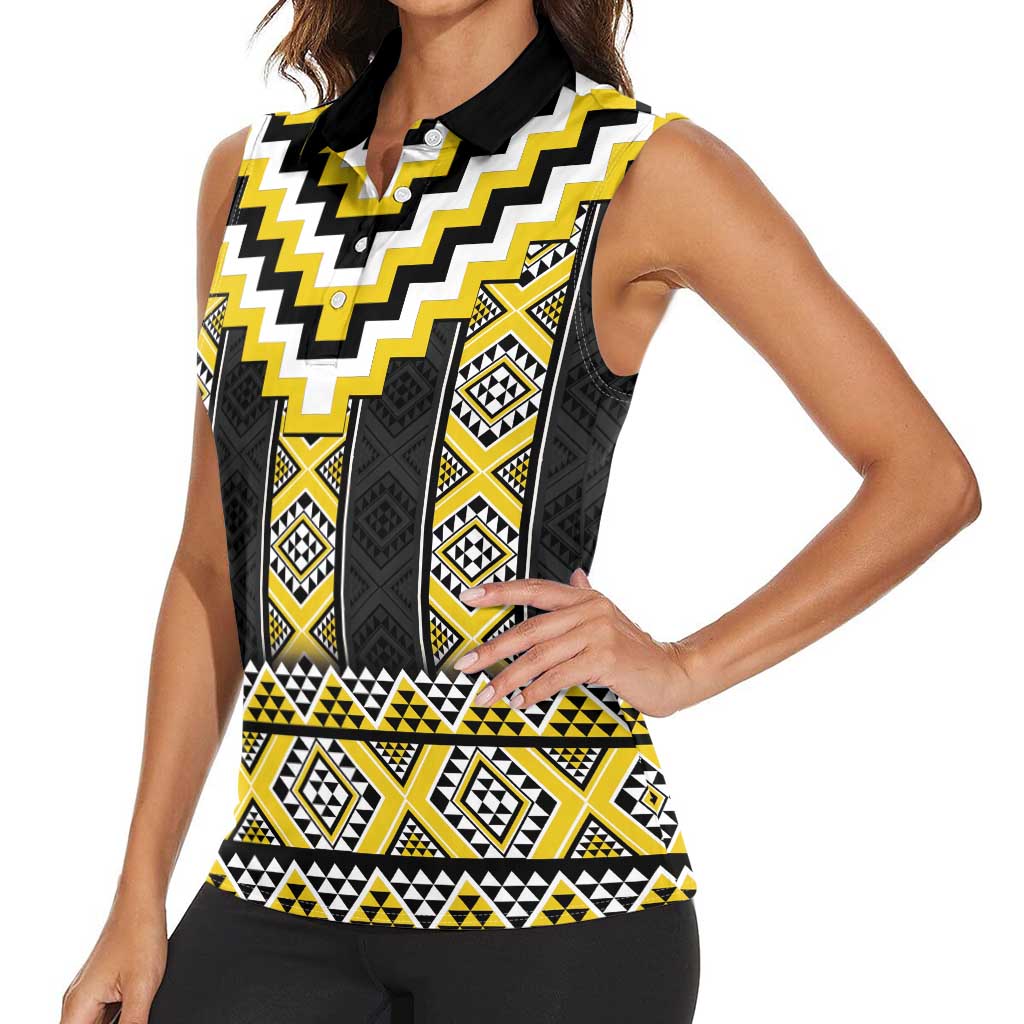 Yellow Taniko Aotearoa Women Sleeveless Polo Shirt Niho Taniwha Mix Poutama LT14 - Polynesian Pride