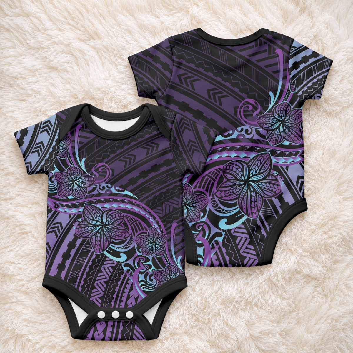 Teal Purple Polynesia Plumeria Tattoo Baby Onesie