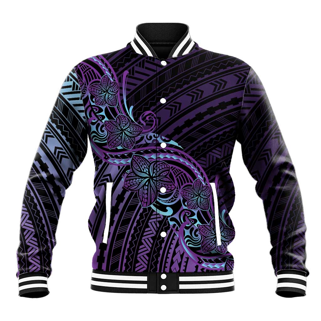 Teal Purple Polynesia Plumeria Tattoo Baseball Jacket