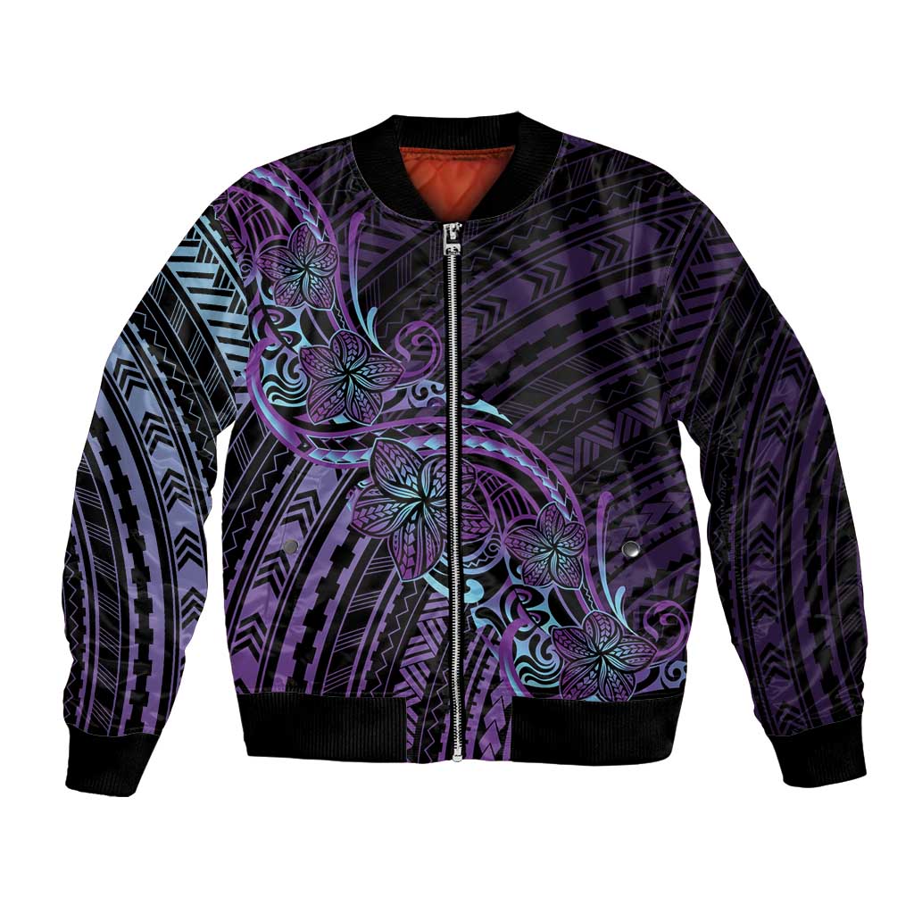 Teal Purple Polynesia Plumeria Tattoo Bomber Jacket