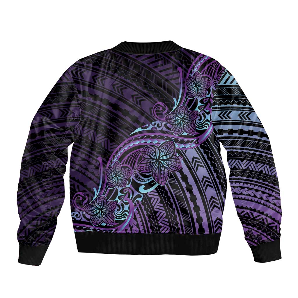 Teal Purple Polynesia Plumeria Tattoo Bomber Jacket