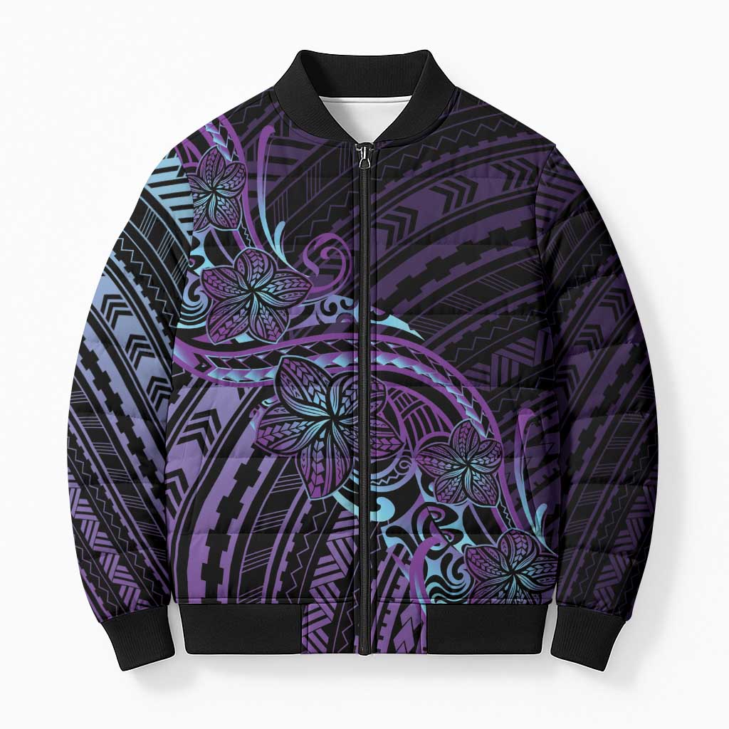 Teal Purple Polynesia Plumeria Tattoo Bomber Puffer Jacket LT14 Unisex Purple - Polynesian Pride
