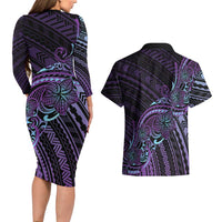 Teal Purple Polynesia Plumeria Tattoo Couples Matching Long Sleeve Bodycon Dress and Hawaiian Shirt LT14 - Polynesian Pride
