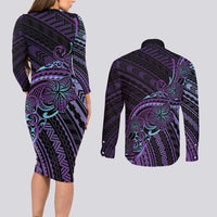 Teal Purple Polynesia Plumeria Tattoo Couples Matching Long Sleeve Bodycon Dress and Long Sleeve Button Shirt LT14 - Polynesian Pride