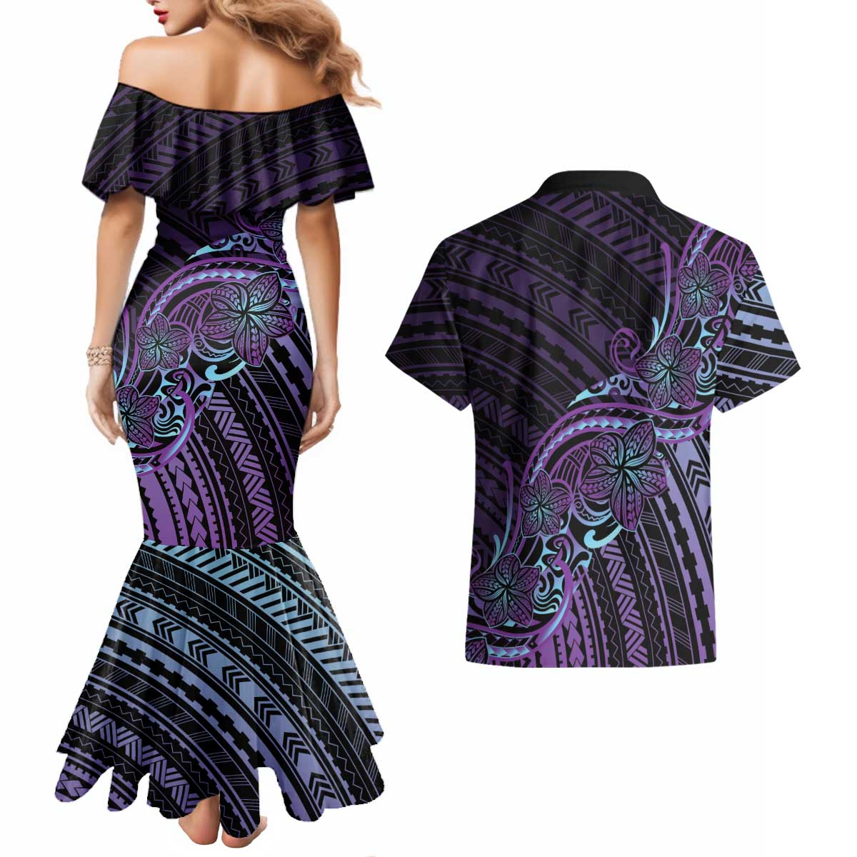 Teal Purple Polynesia Plumeria Tattoo Couples Matching Mermaid Dress and Hawaiian Shirt LT14 - Polynesian Pride